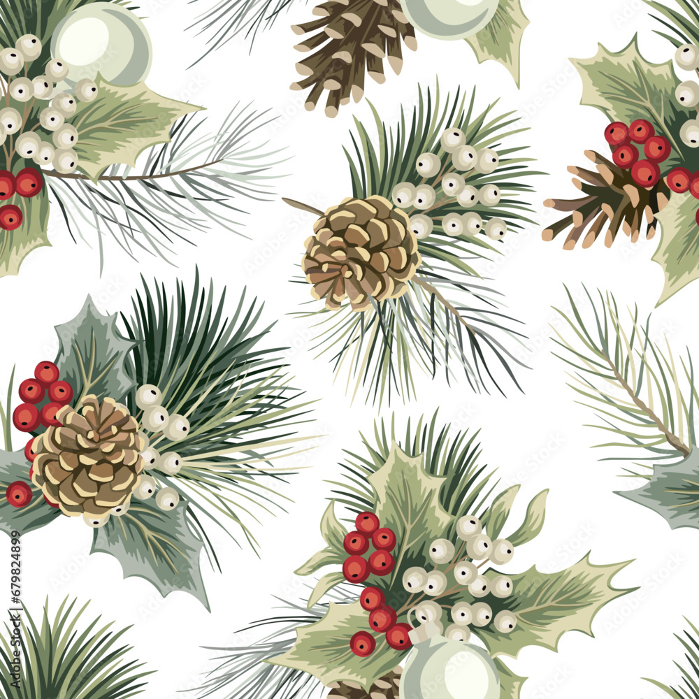 Fototapeta premium Christmas tree branch, mistletoe, ball and cone seamless pattern. Holiday wallpaper.