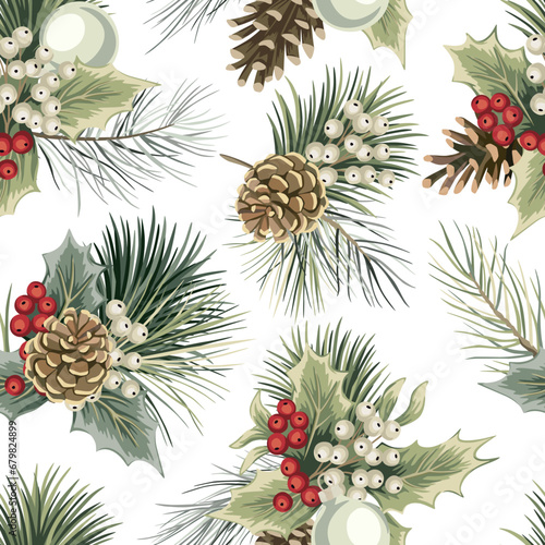 Christmas tree branch, mistletoe, ball and cone seamless pattern. Holiday wallpaper.
