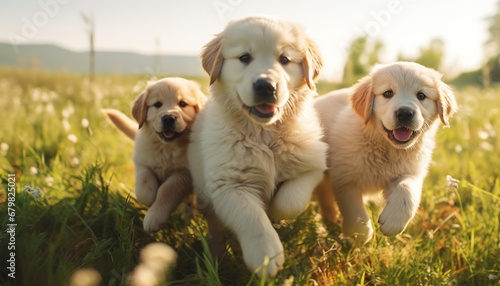 a group of puppies running in grass