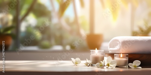 Spa and wellness setting with candles  towel and orchid flowers - generative ai