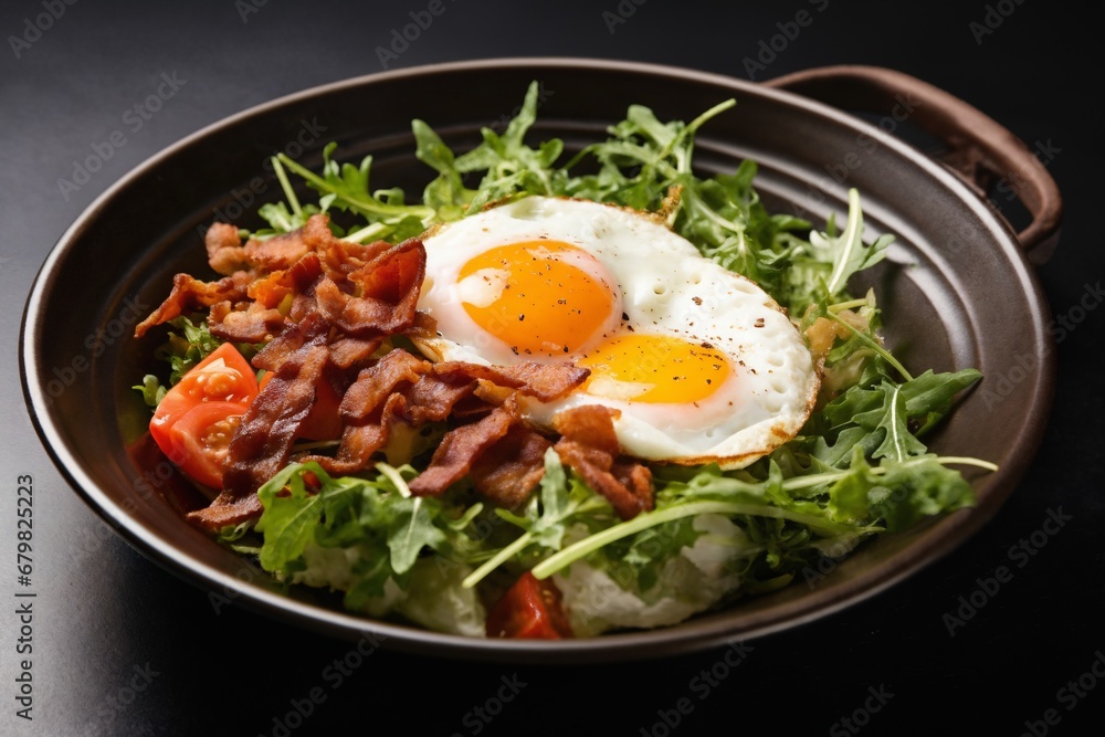 fried eggs with bacon and herbs and chopped vegetables, delicious breakfast, still life on a dark background fried eggs with bacon and herbs and chopped vegetables, delicious breakfast, still life on a dark background