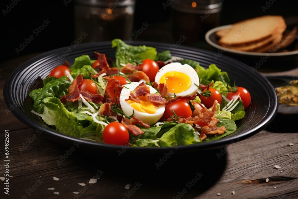 fried eggs with bacon and herbs and chopped vegetables, delicious breakfast, still life on a dark background