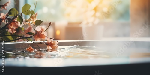 Bathtub with water and flowers in sunlight  closeup view - generative ai