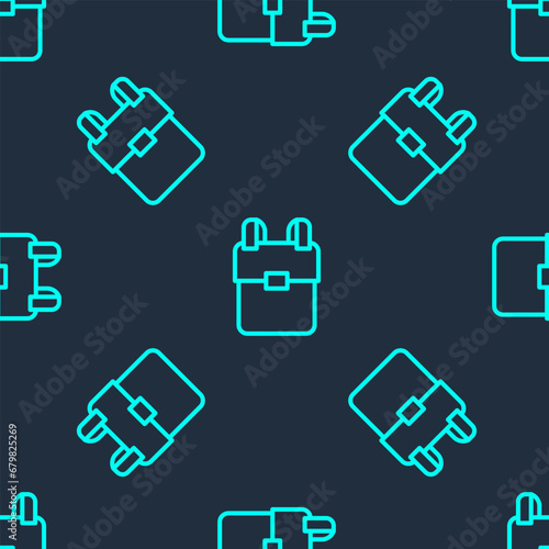 Green line School backpack icon isolated seamless pattern on blue background. Vector © Kostiantyn