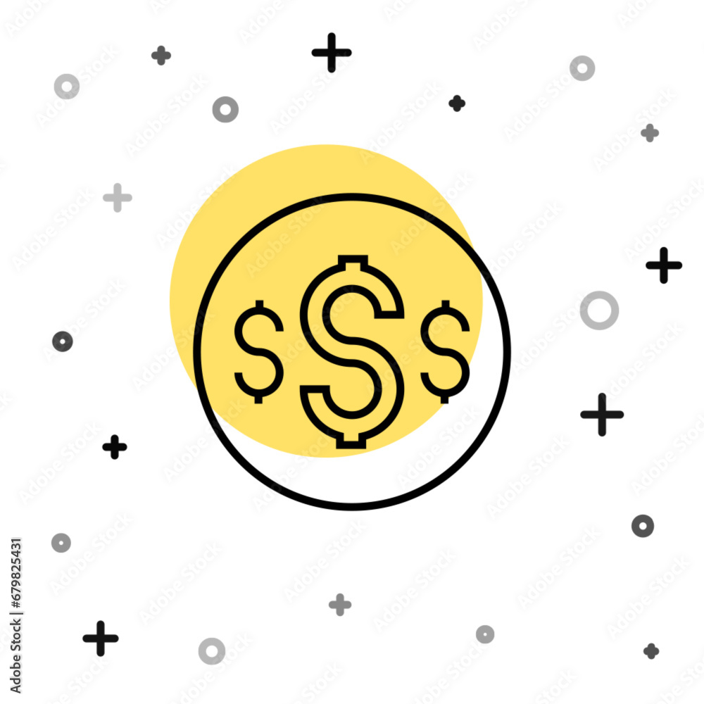 Black line Dollar symbol icon isolated on white background. Cash and money, wealth, payment symbol. Casino gambling. Random dynamic shapes. Vector Black line Dollar symbol icon isolated on white background. Cash and money, wealth, payment symbol. Casino gambling. Random dynamic shapes. Vector