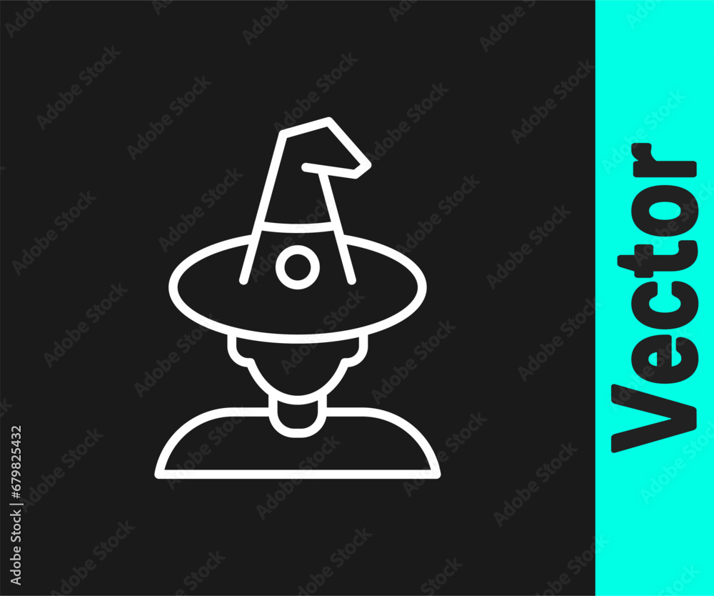 White line Witch icon isolated on black background. Happy Halloween party. Vector White line Witch icon isolated on black background. Happy Halloween party. Vector