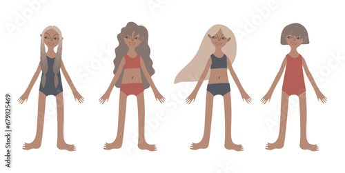 Four tanned European girls in swimsuits. Children. Kids. Diversity. Tanned skin and blond hair. Vector illustration in flat style