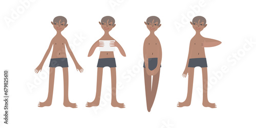 Four tanned European boys in swimsuits. Calm standing poses: thumbs up, piece of paper in hands. Tanned skin and blond hair. Vector illustration in flat style
