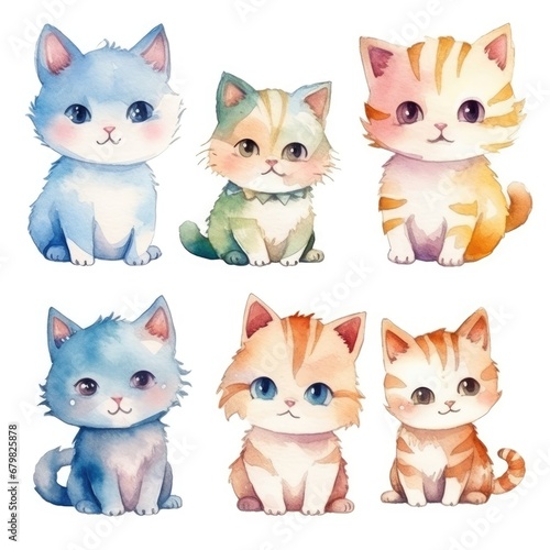 set Cute cat of watercolors on white background