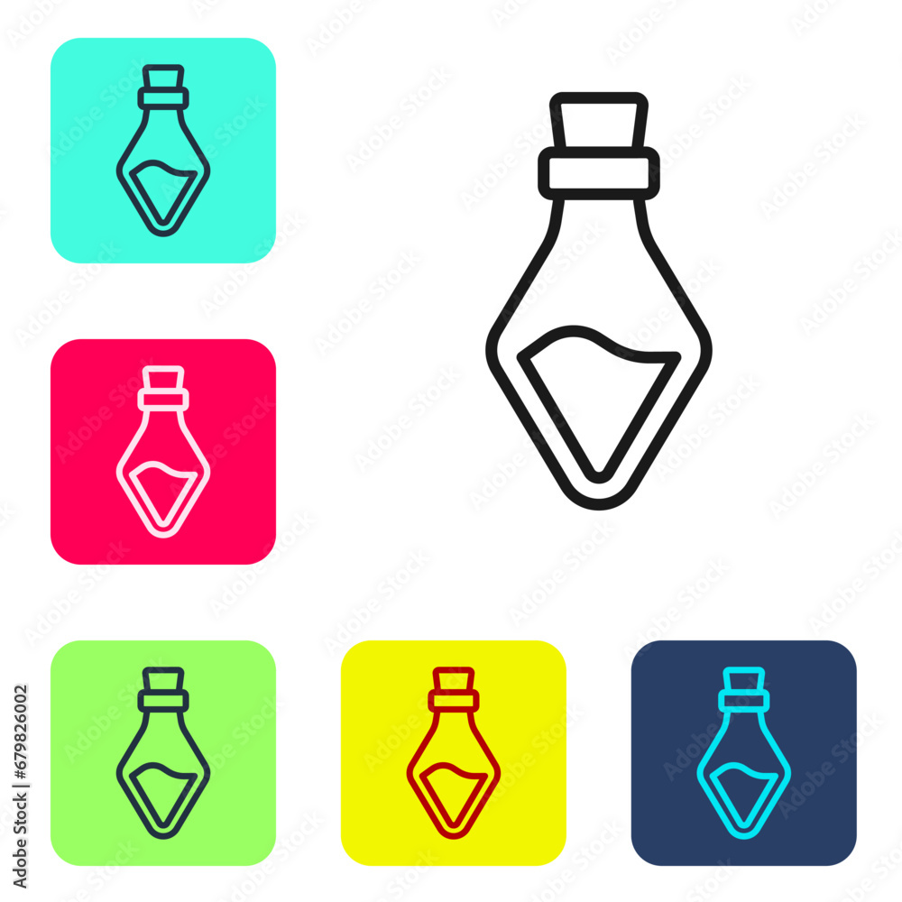 Black line Bottle with potion icon isolated on white background. Flask with magic potion. Happy Halloween party. Set icons in color square buttons. Vector