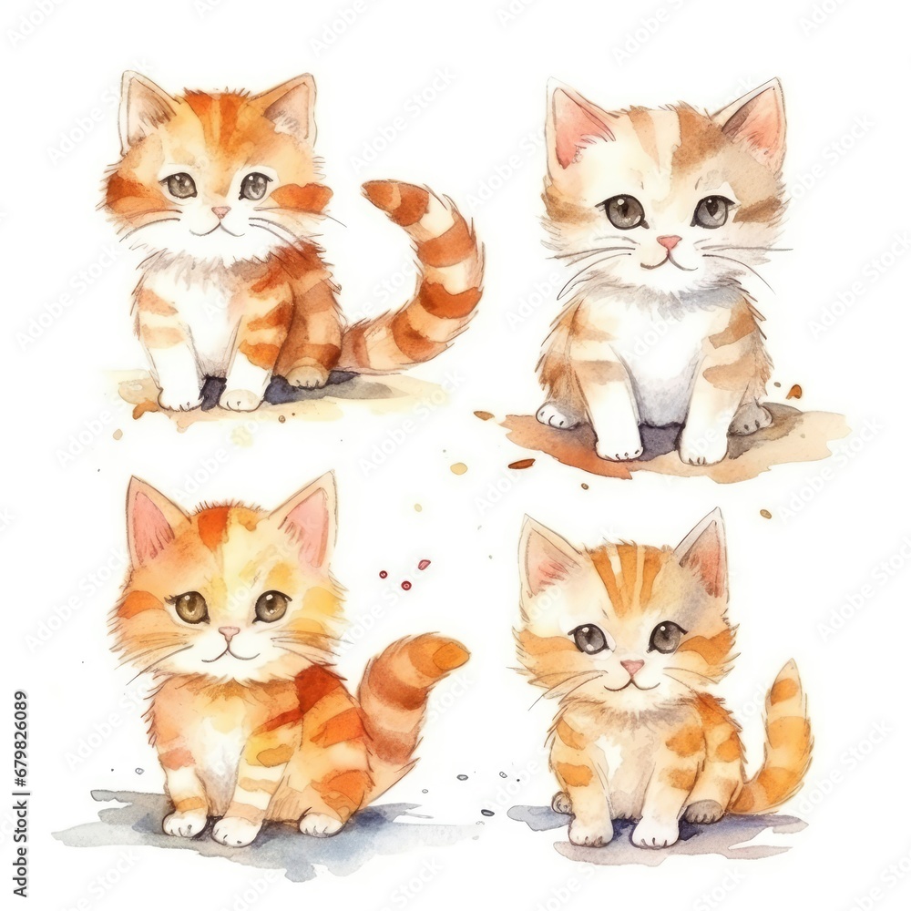 set Cute cat of watercolors on white background