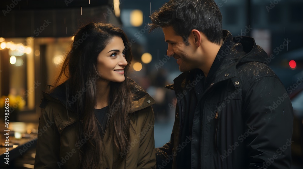 Evening Exchange: Man and Woman Engaged in Conversation on the Street at Dusk