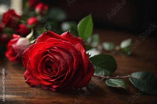 A Captivating Close-Up of a Vibrant Red Rose on a Delicate Tablecloth