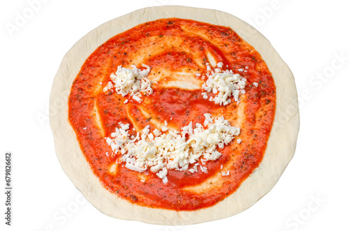 pizza base, with tomato paste and grated cheese in the shape of a smile, isolated on a white background