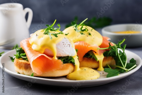 Eggs Benedict with Smoked Salmon and Hollandaise Sauce on English Muffin. Perfect for Brunch or Breakfast photo