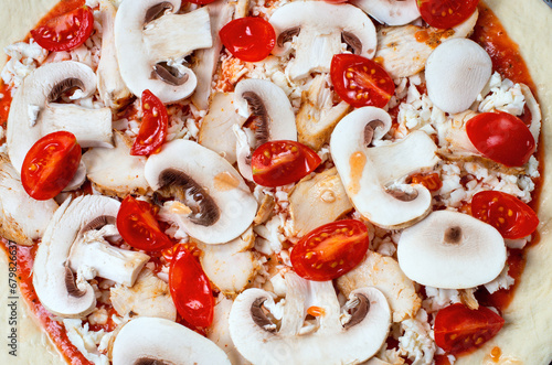 uncooked pizza, ingredients, mushrooms, tomatoes, ham, close-up