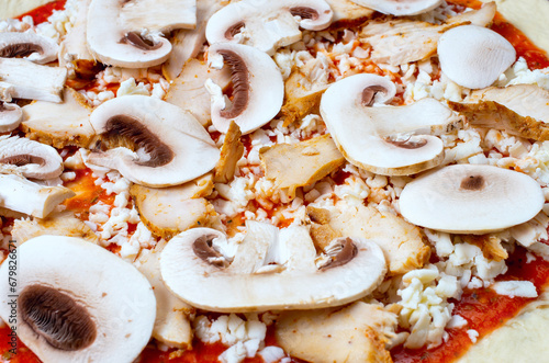 uncooked pizza, ingredients, mushrooms, ham, close-up