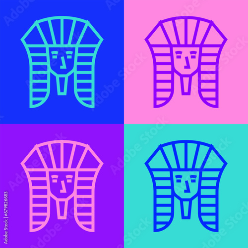 Pop art line Egyptian pharaoh icon isolated on color background. Vector