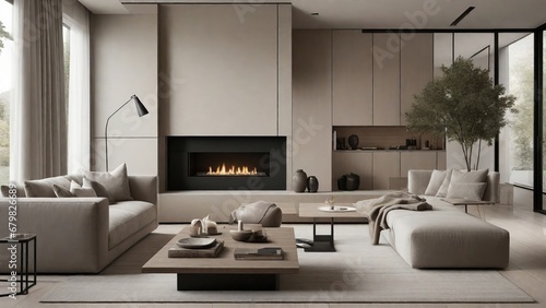 Modern Living Room Interior with Fireplace and Large Windows