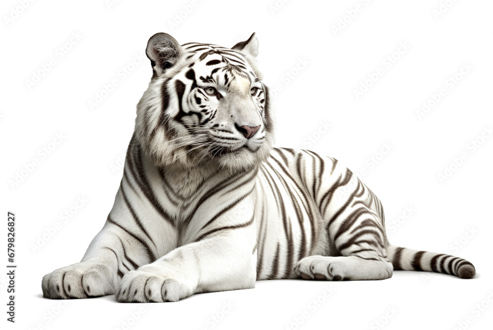 White Tiger lying down, isolated on white background, front view Stock ...