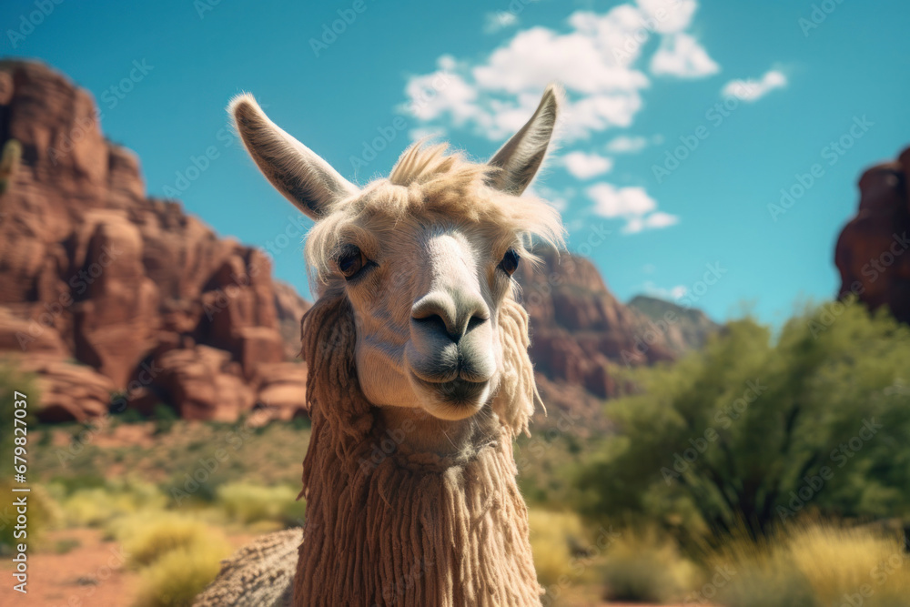 Obraz premium An inquisitive alpaca peers directly into the camera, its face framed by soft wool and the contrasting red rock formations of a desert landscape under a clear blue sky