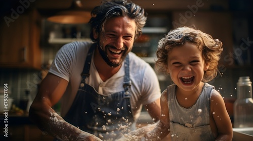 Joyful Baking Moments: Child and Father Laughing While Playing with Flour in the Kitchen