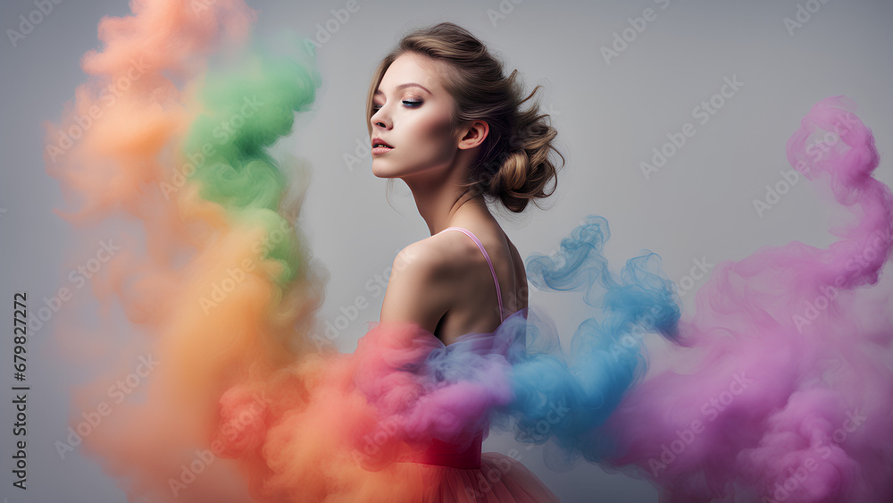 Beautiful young girls wearing a dress made of colourful smoke with a as white background | ai illustration