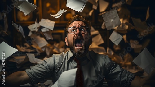 Corporate Burnout: Man Overwhelmed and Screaming Amongst a Whirlwind of Flying Papers photo