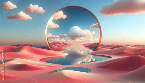 3d render. Abstract panoramic background. Surreal scenery. Fantasy landscape of pink desert with lake and round mirror under the blue sky with white clouds. Modern minimal wallpaper size