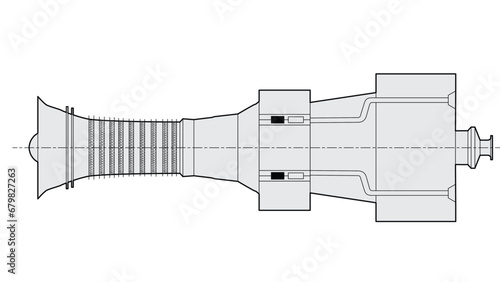 Line drawing showing a grey aero-derivative gas turbine with variable inlet guide vanes