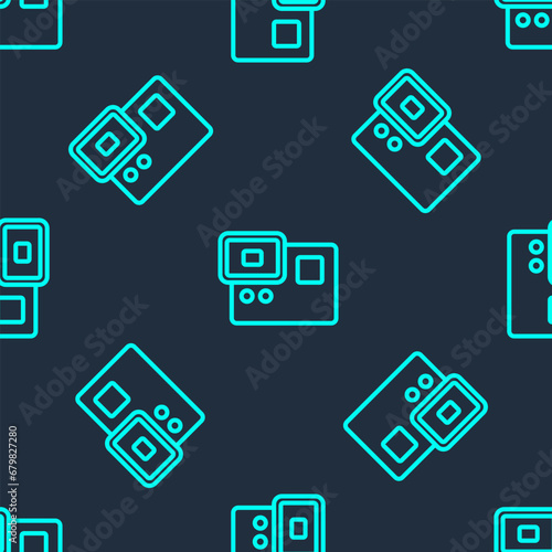 Green line Action extreme camera icon isolated seamless pattern on blue background. Video camera equipment for filming extreme sports. Vector