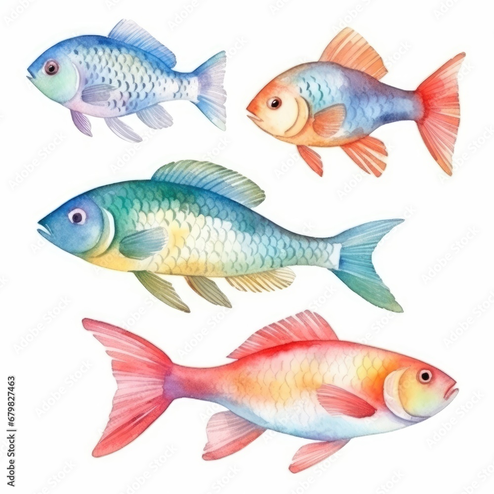 set colorful fish of watercolors on white background