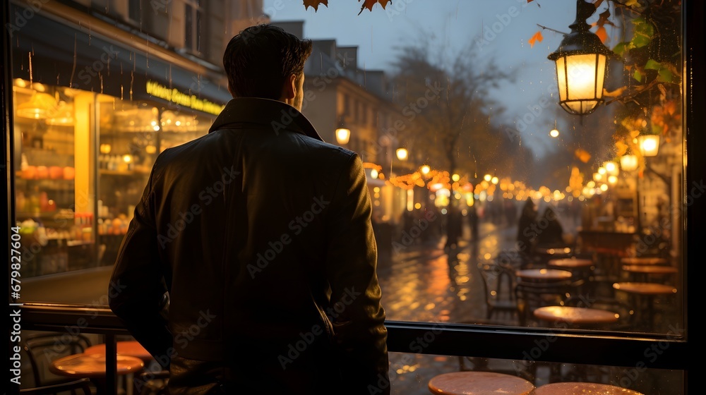 Rainy Reflections: Man in a Coffee Shop Gazing at the Rain and Streetlights Outside Rainy Reflections: Man in a Coffee Shop Gazing at the Rain and Streetlights Outside