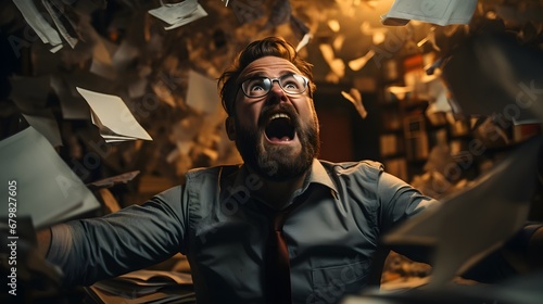 Corporate Burnout: Man Overwhelmed and Screaming Amongst a Whirlwind of Flying Papers © Armen Y