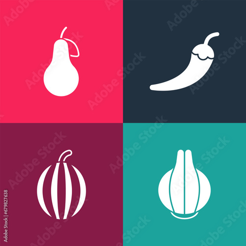 Set pop art Onion, Watermelon, Hot chili pepper pod and Pear icon. Vector