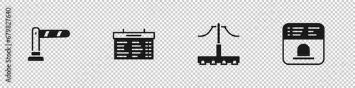 Set Railway barrier, Train station board, and Ticket office to buy tickets icon. Vector