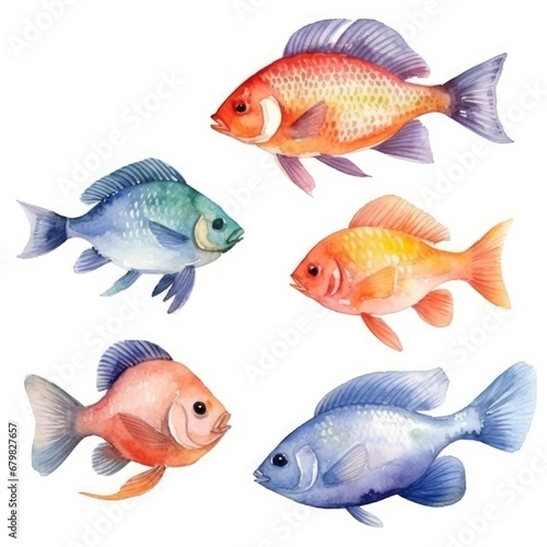 set colorful fish of watercolors on white background