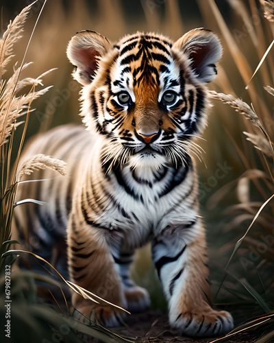 Młody tygrys wśród traw, afrykańska sawanna