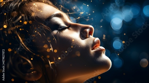 Cosmic Dreams: Close-Up of a Woman with Eyes Closed Against a Colorful Glowing Cosmic Background