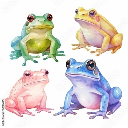 set colorful frogs of watercolors on white background
