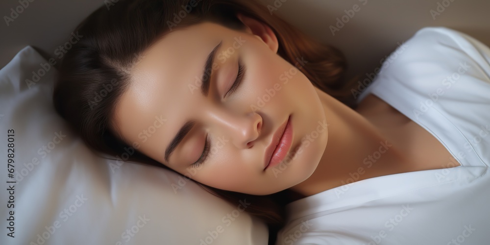 AI Generated. AI Generative. Woman female girl sleeping napping on a white blanket bed pillow close up face portrait. Graphic Art AI Generated. AI Generative. Woman female girl sleeping napping on a white blanket bed pillow close up face portrait. Graphic Art