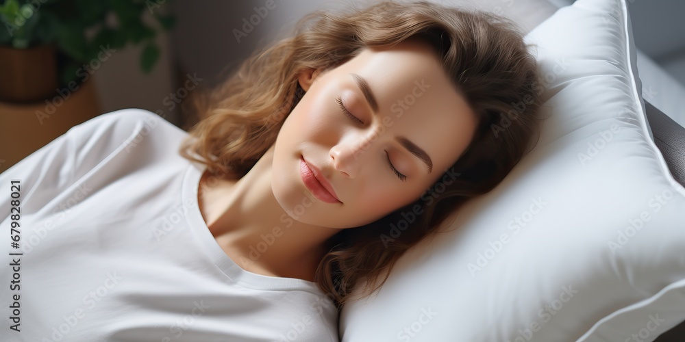 AI Generated. AI Generative. Woman female girl sleeping napping on a white blanket bed pillow close up face portrait. Graphic Art AI Generated. AI Generative. Woman female girl sleeping napping on a white blanket bed pillow close up face portrait. Graphic Art