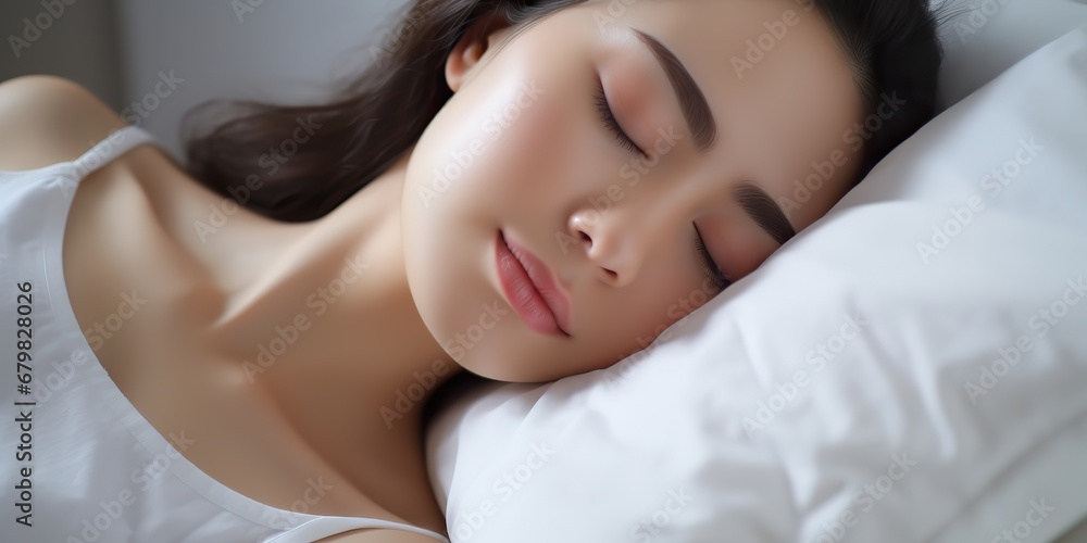 AI Generated. AI Generative. Woman female girl sleeping napping on a white blanket bed pillow close up face portrait. Graphic Art AI Generated. AI Generative. Woman female girl sleeping napping on a white blanket bed pillow close up face portrait. Graphic Art