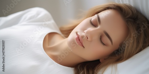 AI Generated. AI Generative. Woman female girl sleeping napping on a white blanket bed pillow close up face portrait. Graphic Art