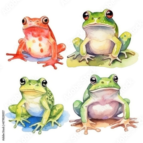 set colorful frogs of watercolors on white background