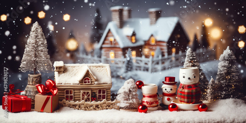 Christmas decorative miniature village. Happy new year and holiday mood concept with blurred defocused background and bright bokeh.