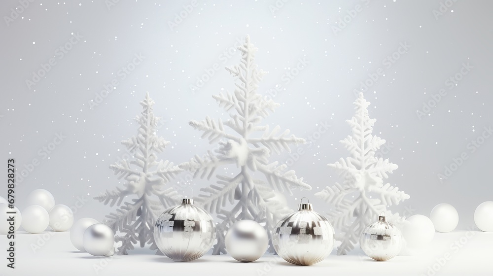 Christmas foundation. snowflakes toy balls on spruce tree. 3d render outline