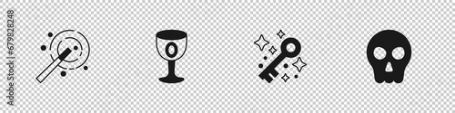 Set Magic wand, Medieval goblet, Old magic key and Skull icon. Vector