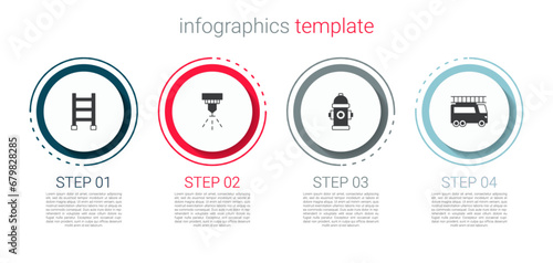 Set Fire escape, sprinkler system, hydrant and truck. Business infographic template. Vector