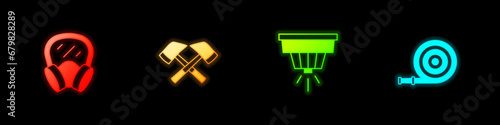 Set Gas mask, Firefighter axe, Smoke alarm system and hose reel icon. Vector